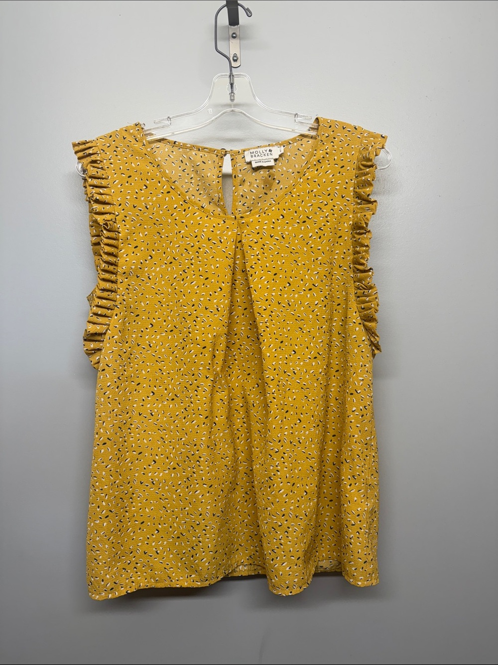 Molly Bracken Anthropologie Mustard Sleeveless Ruffle-Trim Printed Blouse